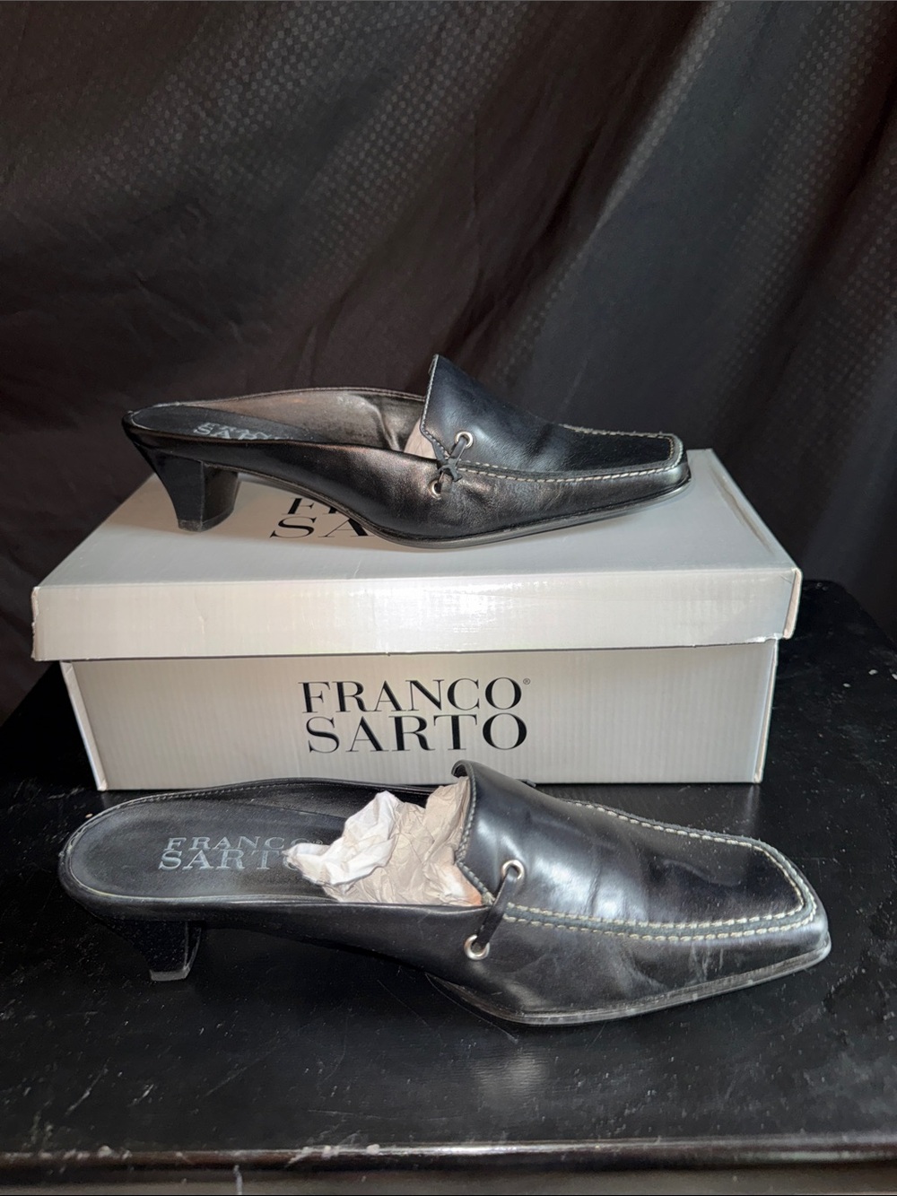 Franco Sarto Black Leather Slip-On Kitten Heel Mules
